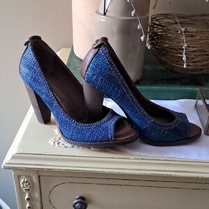 Blue Tweed Peep-Toe Block Heel Pumps, Vintage Calvin Klein
